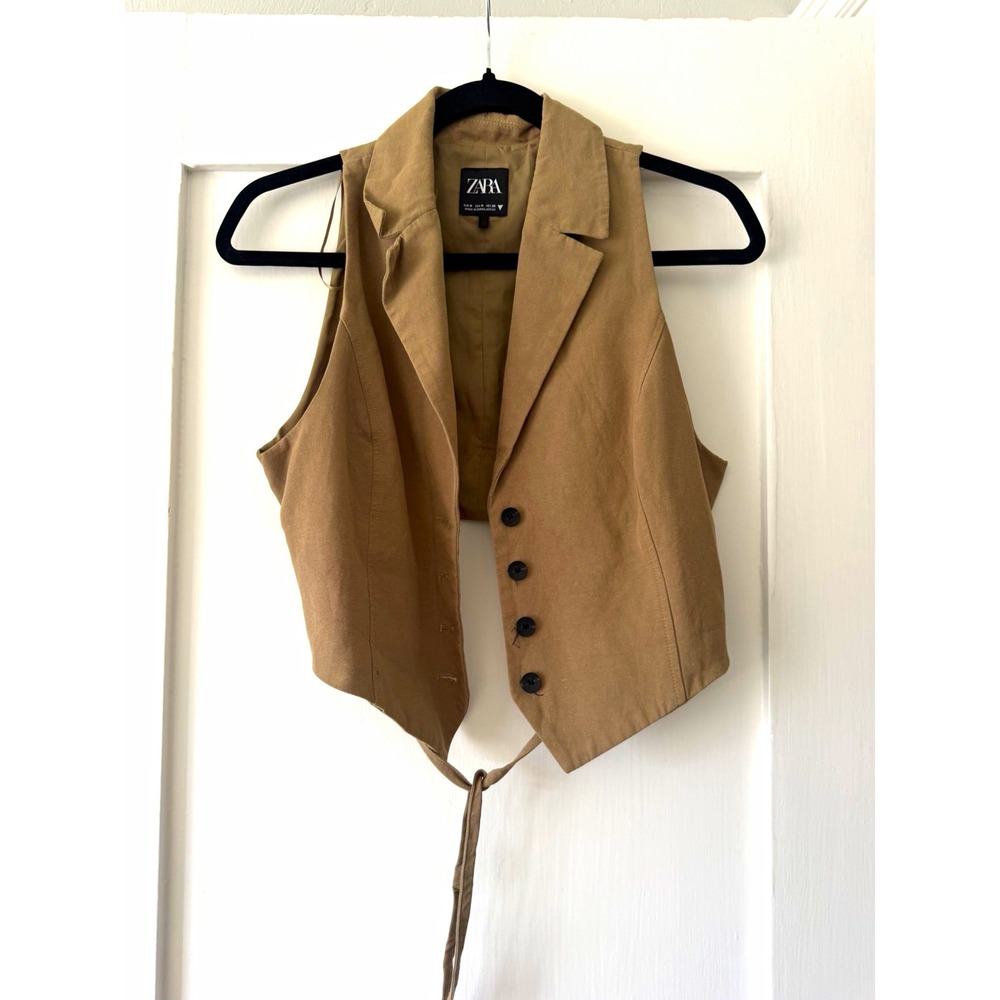 ZARA M Khaki Linen Blend Cropped Waistcoat Vest Lapel Button Front Tie Back Top